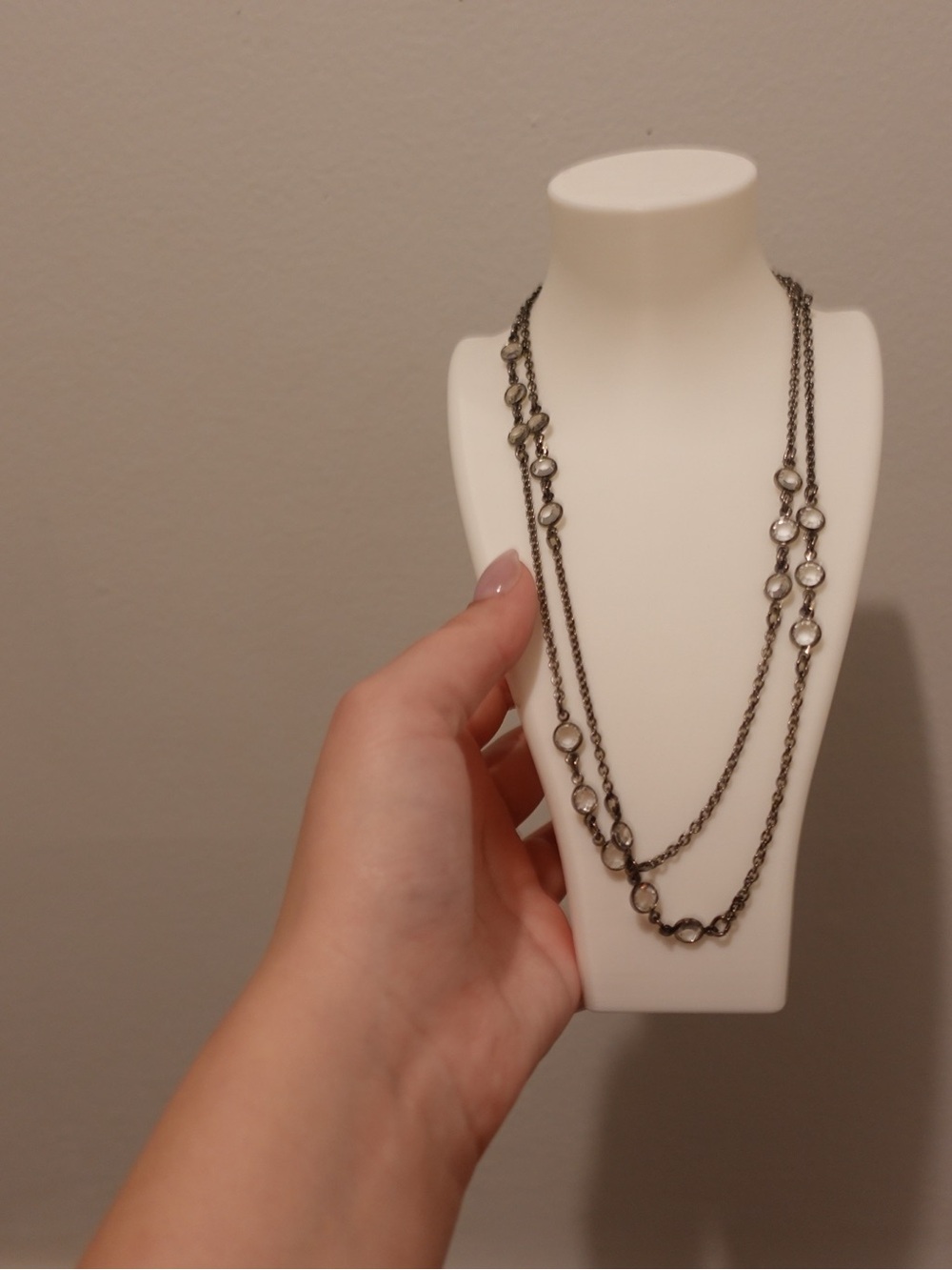 Delicate Double-Layer Gunmetal Necklace with Clear Stones